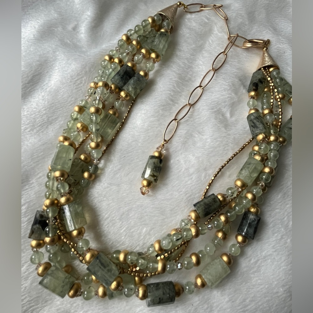 New Nastava Evergreen Prehnite Beads Statement Gold Necklace 19 - 26”